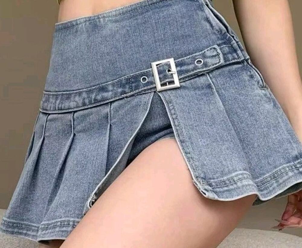 Vtg Y2k Micro Mini Denim Blue Jean Skirt Pleated Belted Skort S XS